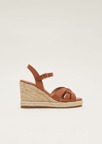 Phase Eight Leather Multi Strap Wedge Espadrille Heels Brown Australia | TO7582649